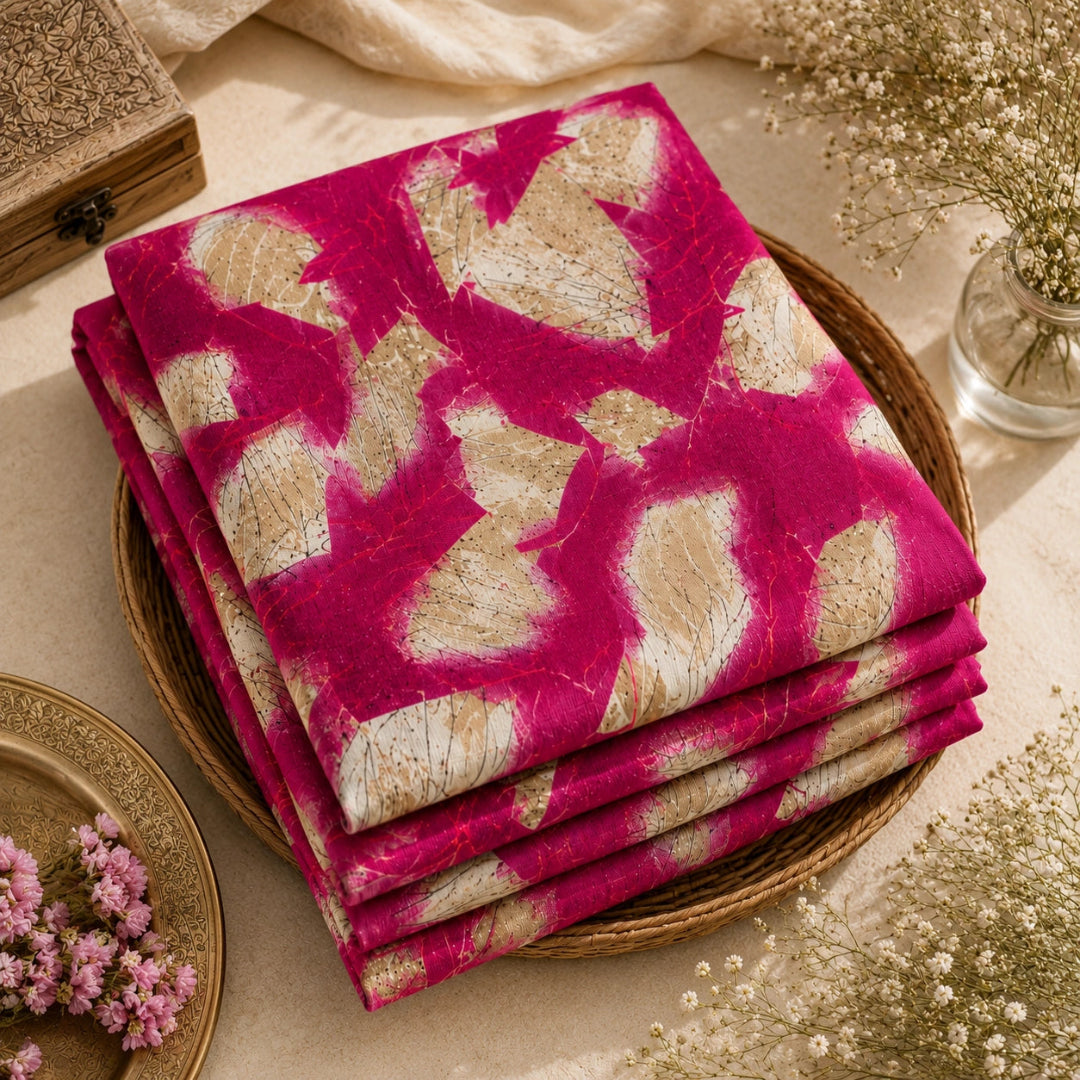 Premium floral fusion printed fabric in magenta pink and beige, suitable for ethnic wear, tops and co-ord sets