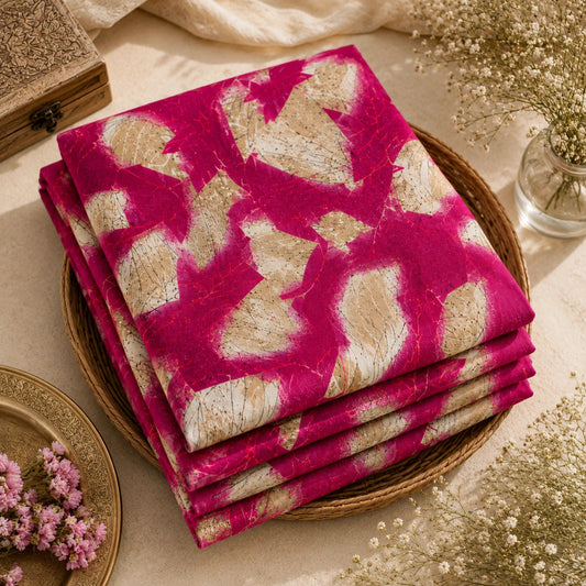 Premium floral fusion printed fabric in magenta pink and beige, suitable for ethnic wear, tops and co-ord sets