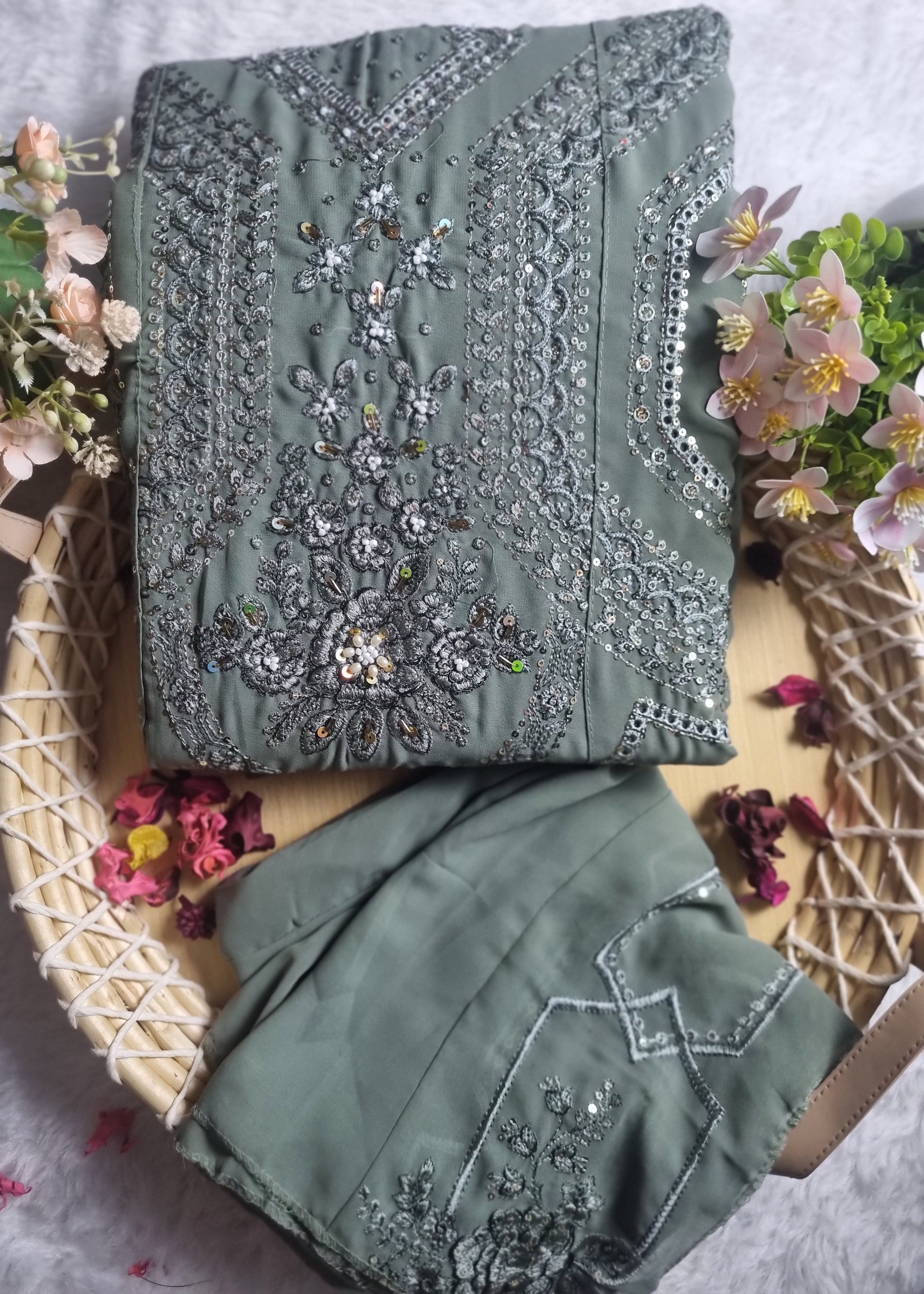 Green embroidered fabric with silver embellishments on a woven mat with flowers.