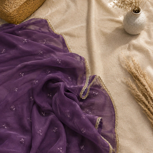 Purple antique floral embroidered Dupatta  with elegant detailing 