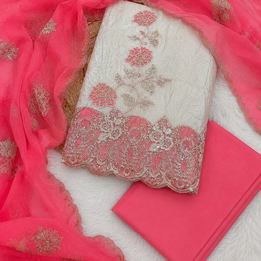 Antique blossom pink designer suit fabric set with embroidery and dupatta, latest suit design for women
