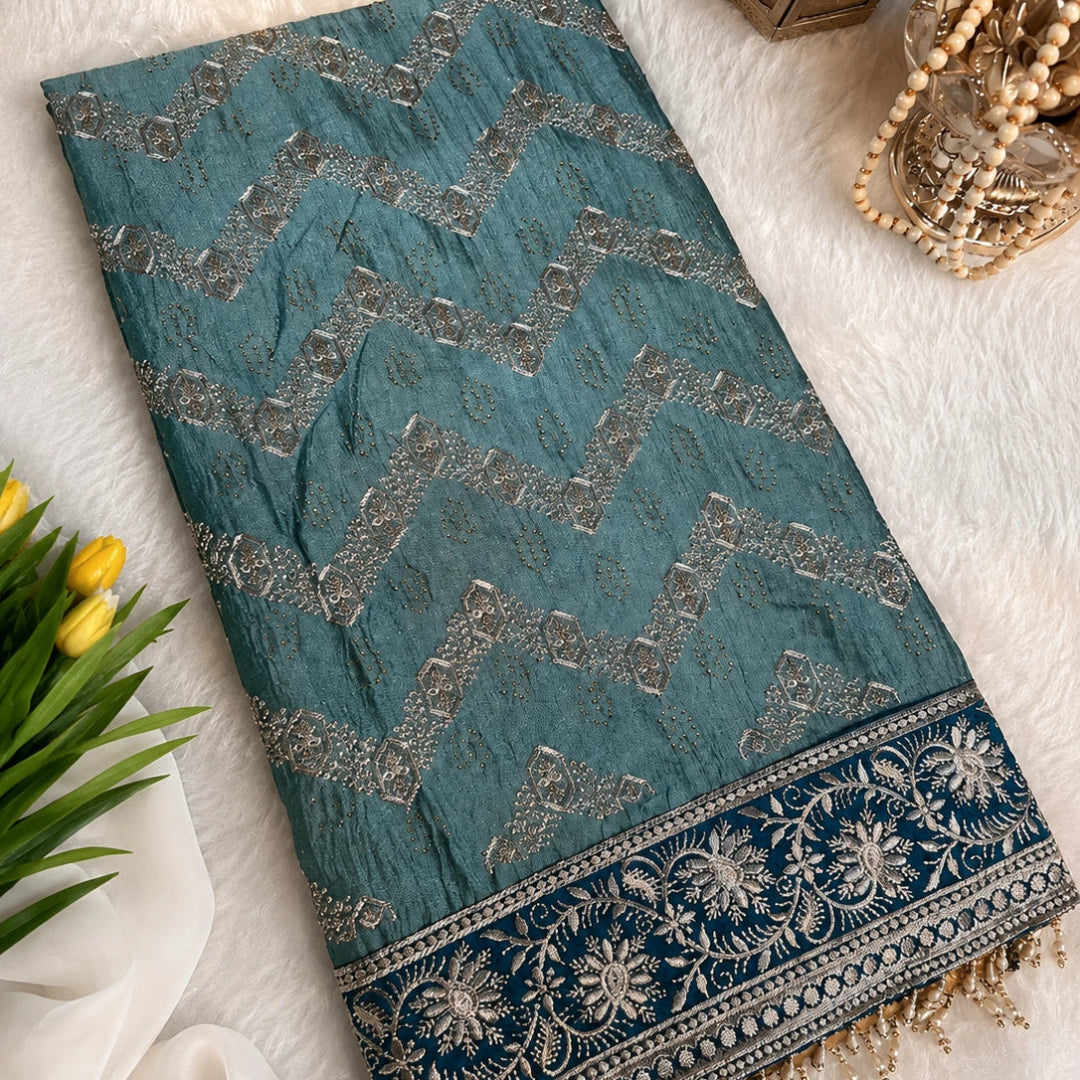 Aqua sea green embroidered suit fabric with metallic work, floral border and designer teal blue dupatta for festive wear