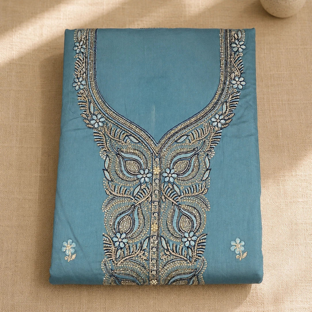 Steel blue suit fabric with floral gold embroidery and elegant festive detailing