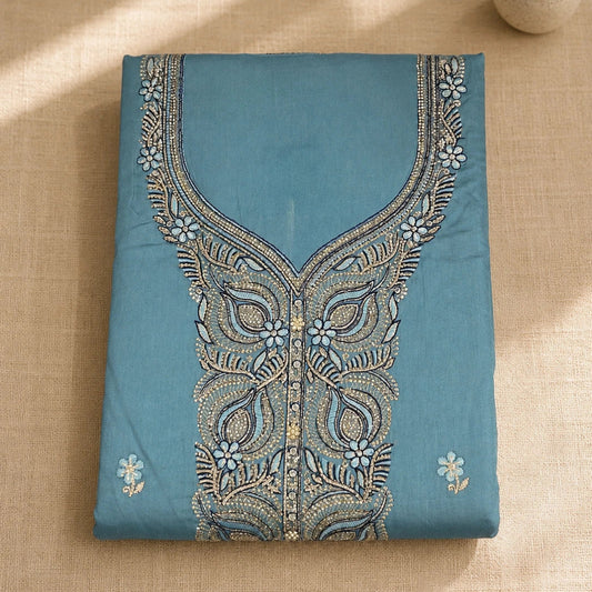 Steel blue suit fabric with floral gold embroidery and elegant festive detailing
