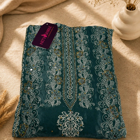 Smoky steel blue ethnic suit fabric with intricate embroidery