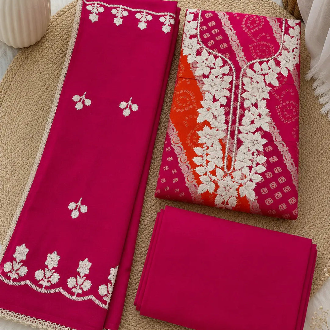 Bandhani suit fabric featuring ivory floral embroidery, decorative detailing and festive ethnic wear styling