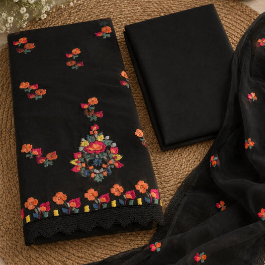 Black floral embroidered cotton suit fabric for women, latest suit design, unstitched suit material with dupatta