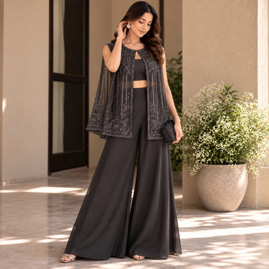 Black beaded cape dress with pants
