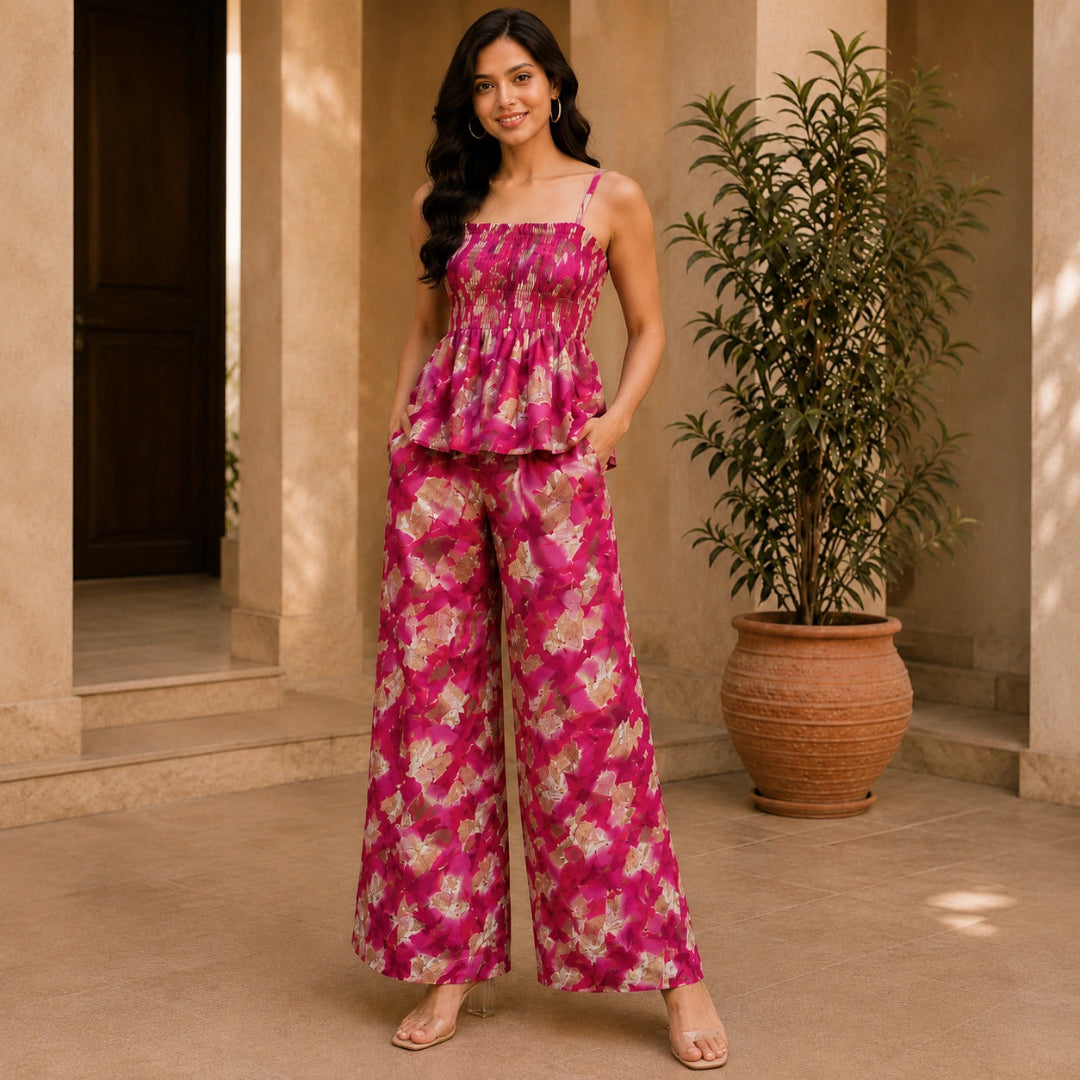 Magenta pink floral printed fabric with beige accents, contemporary ethnic dress material for stylish women's outfits