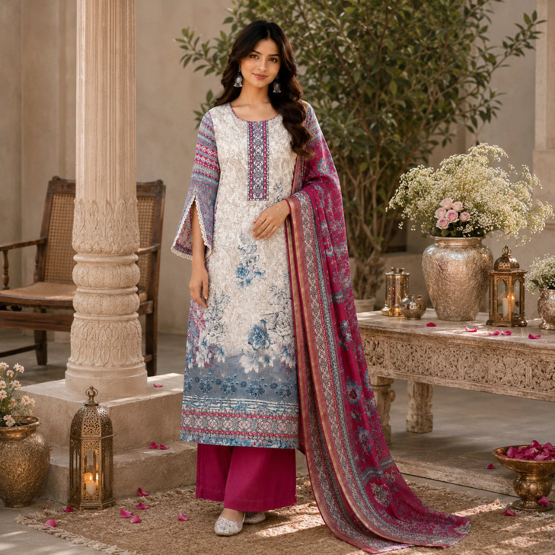 Ivory floral printed suit fabric with rich magenta bottom and elegant floral dupatta for festive and ethnic wear