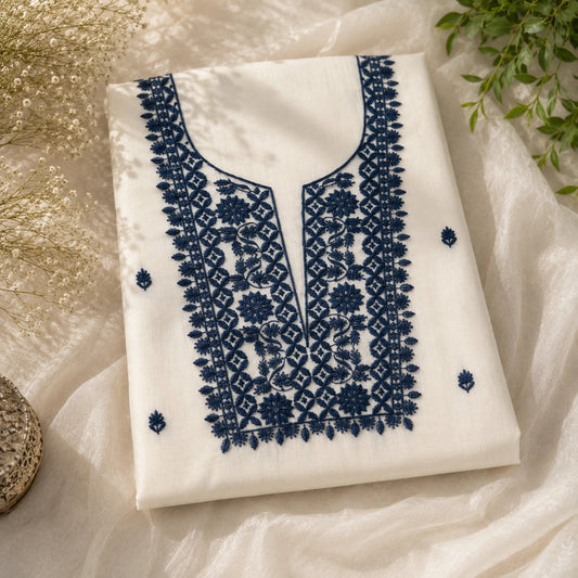 Navy blue mul cotton suit fabric with intricate floral thread work and traditional
