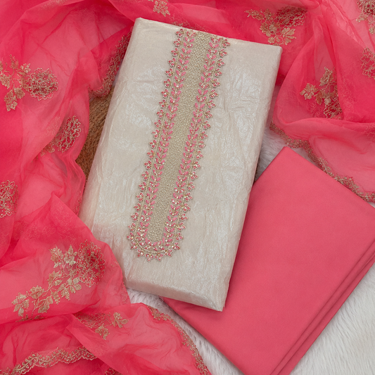 Blossom pink floral embroidered tissue suit fabric with matching dupatta, premium unstitched suit material for women