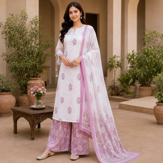 Women's floral printed cotton suit set with elegant dupatta and soft dusty pink cotton bottom for everyday ethnic wear