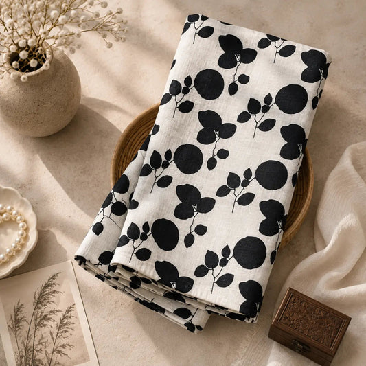 A folded white cotton muslin cloth with a black botanical leaf pattern, displayed on a small wooden tray in a styled flat-lay setting with a vase of dried flowers, a pearl dish, and a small wooden box.