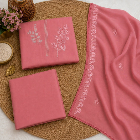 Dusty rose pink unstitched suit set featuring botanical embroidery, embroidered leaf border and designer dupatta