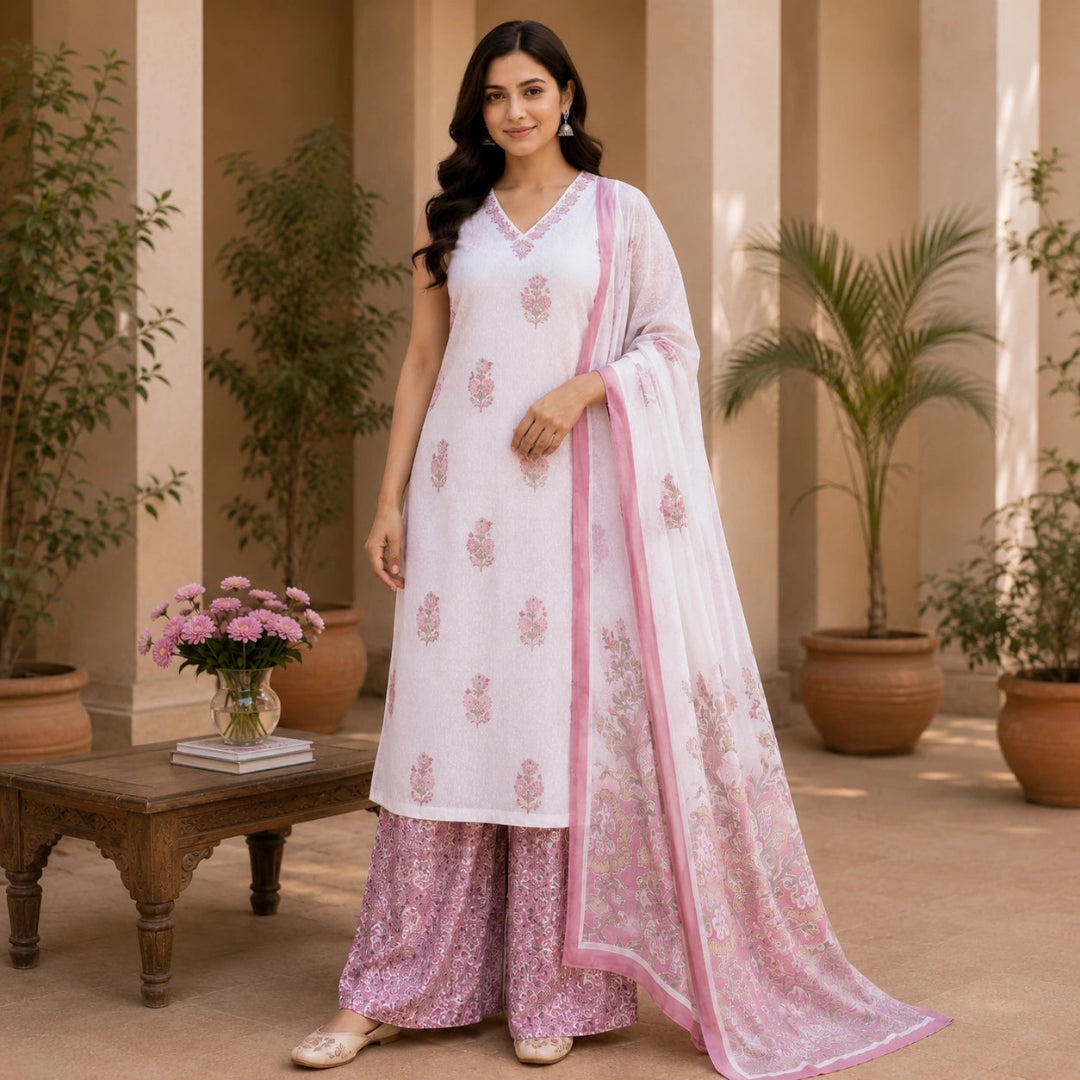 Blush bloom cotton suit set with pink floral buti prints, elegant floral dupatta and pure cotton bottom fabric, premium unstitched suit material for women by Nityashree