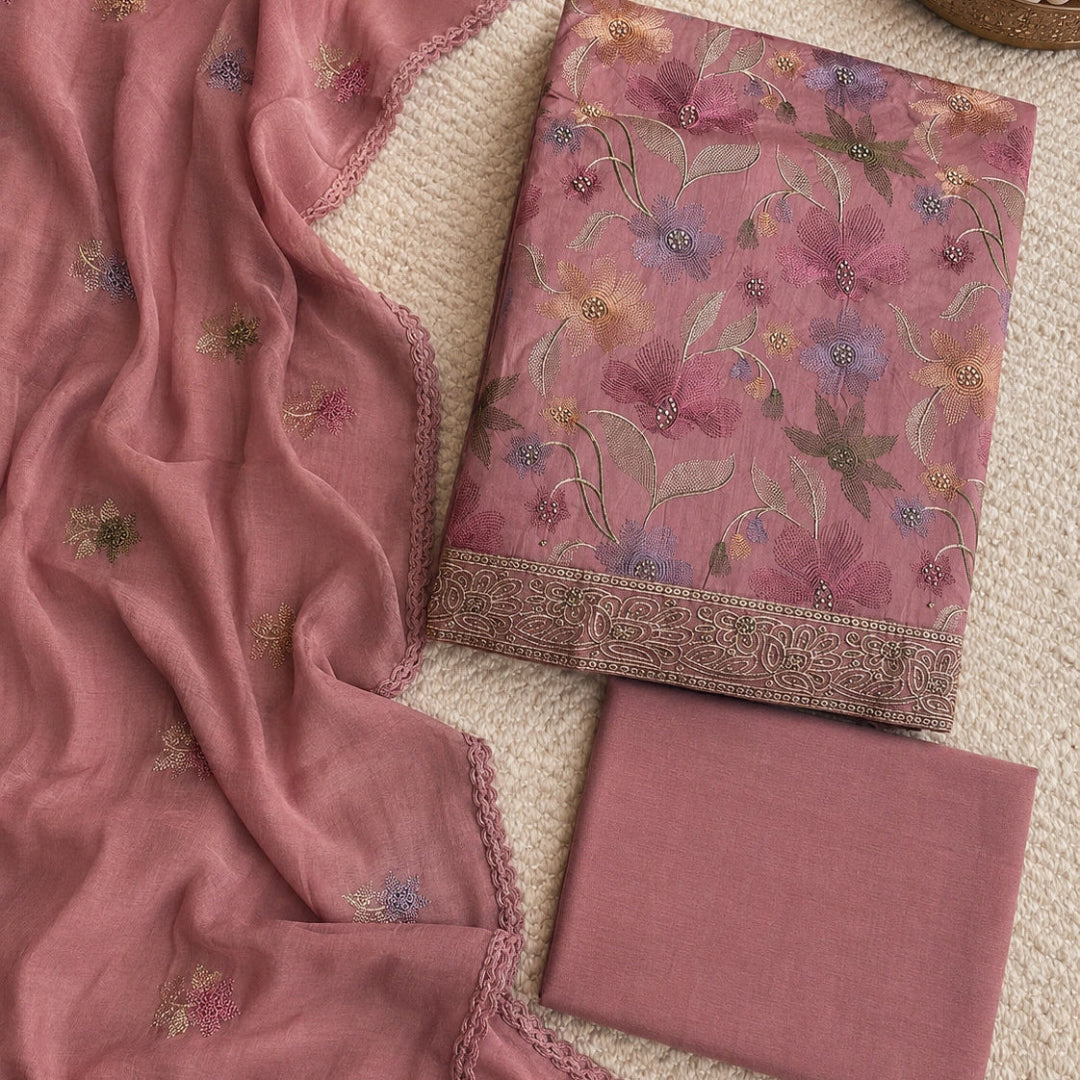 Dusty rose Jam cotton suit set featuring colorful floral thread work and coordinated bottom fabric