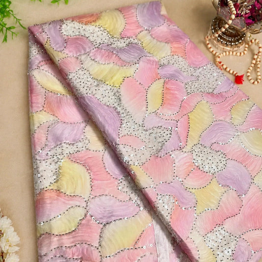 Floral georgette suit set featuring blush pink, peach and lavender hues with intricate sequin detailing
