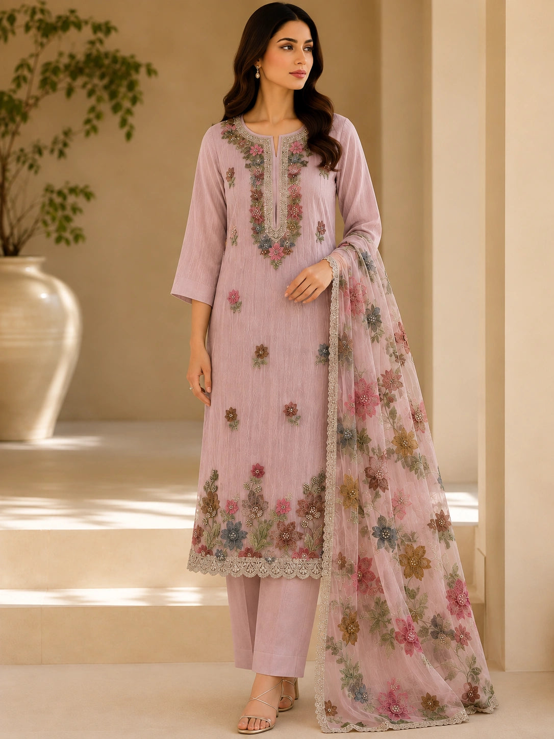 Blush pink floral embroidered suit fabric with dupatta, unstitched suit material for women by Nityashree