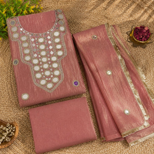 Dusty rose mirror work suit fabric with designer neckline, coordinated bottom and embellished dupatta