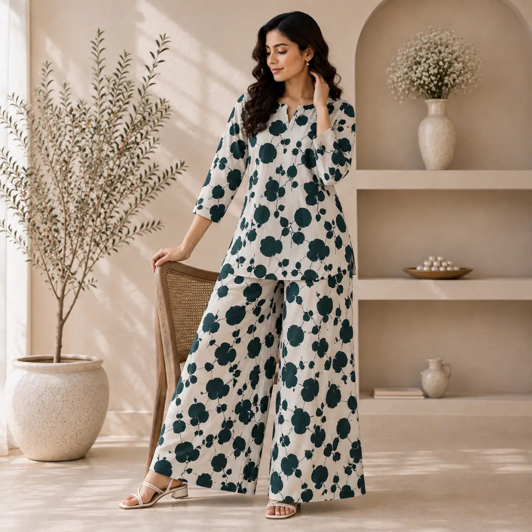 A woman models a matching two-piece lounge set featuring a cream base with dark green abstract floral pattern, standing in a styled room with shelves and potted plants.