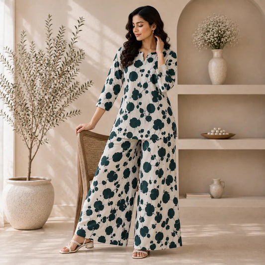 A woman models a matching two-piece lounge set featuring a cream base with dark green abstract floral pattern, standing in a styled room with shelves and potted plants.