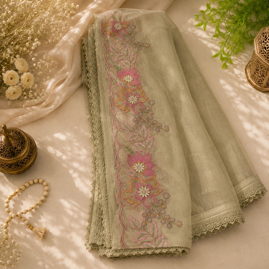 Botanical embroidered olive green Mul Chanderi with detailed floral designer embroidered dupatta 