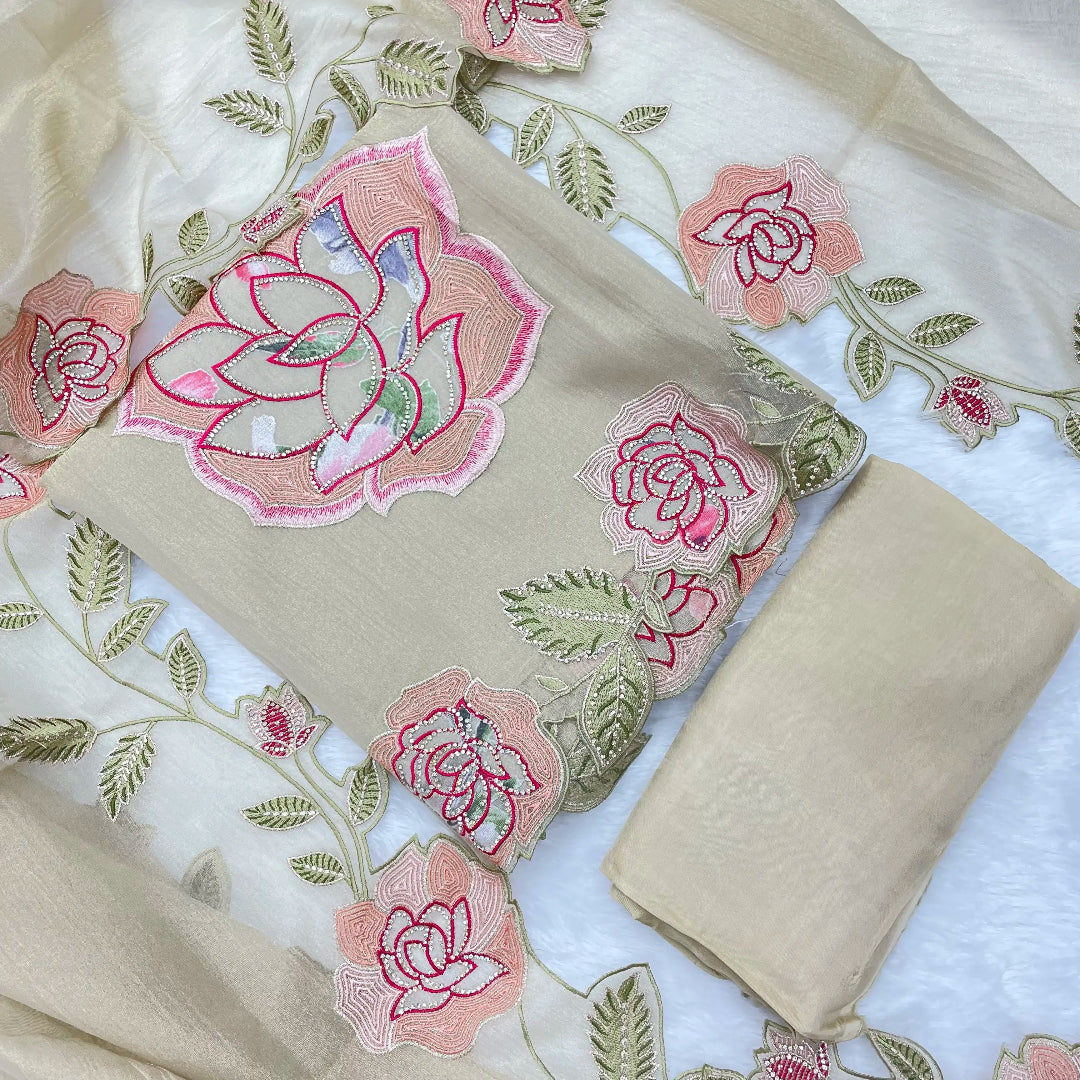 Champagne crushed tissue suit set with floral embroidered motifs, coordinated dupatta and premium festive wear fabric for women
