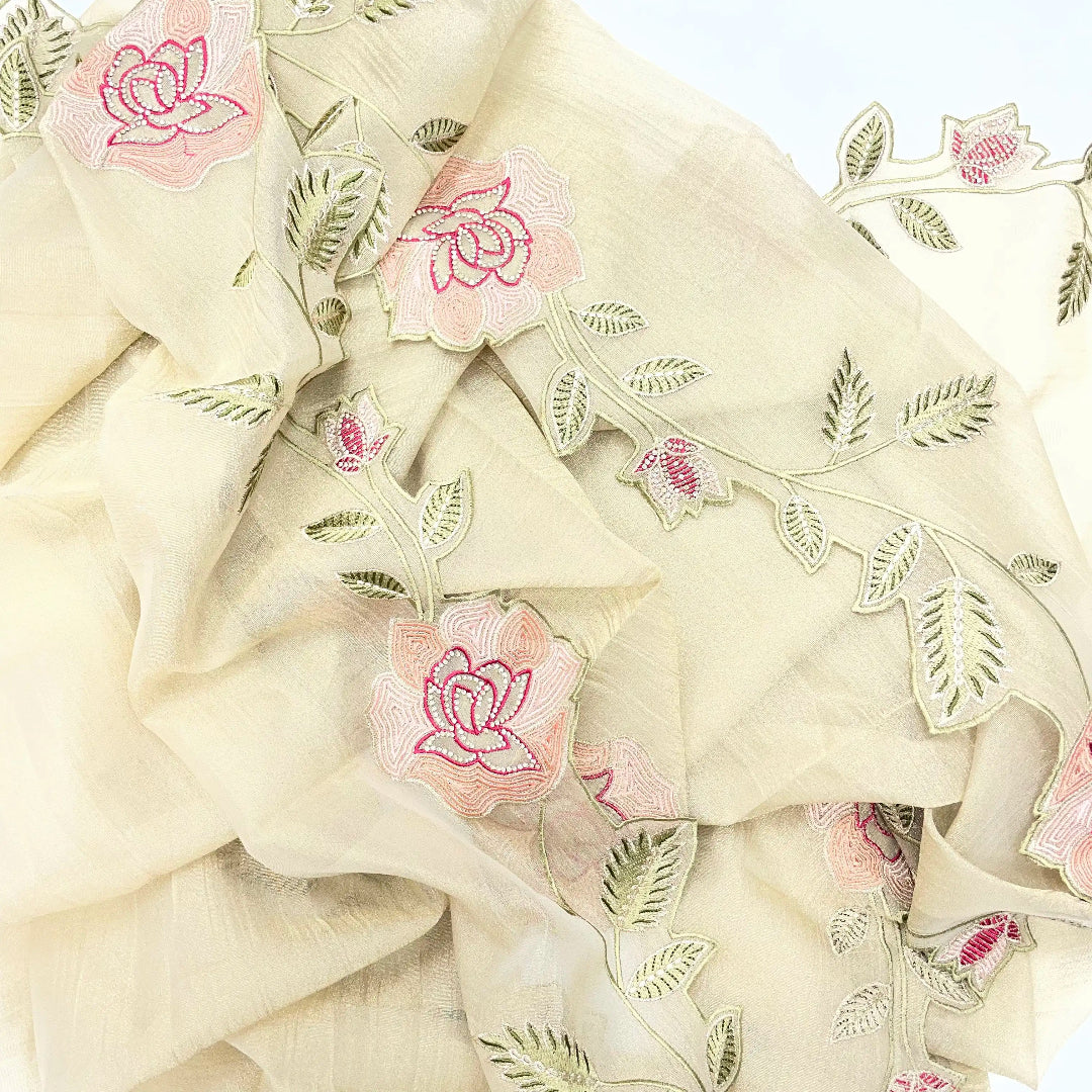 Luxury champagne crushed tissue suit fabric featuring floral embroidery, elegant dupatta border