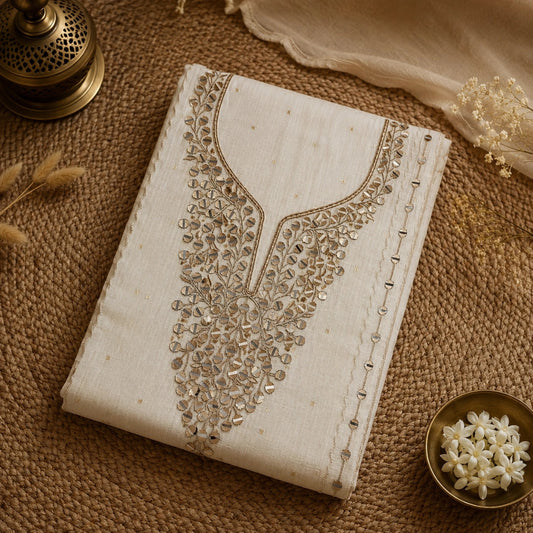 embroidered kurta laid flat on a brown woven jute surface, featuring ornate metallic embroidery around the neckline and along the side seams. Decorative props include a brass lamp base, dried flowers, sheer fabric, and a small bowl of white flowers.