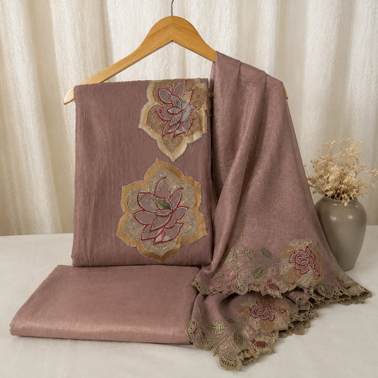 Crushed Tissue Suit With Embroidered Floral Motifs