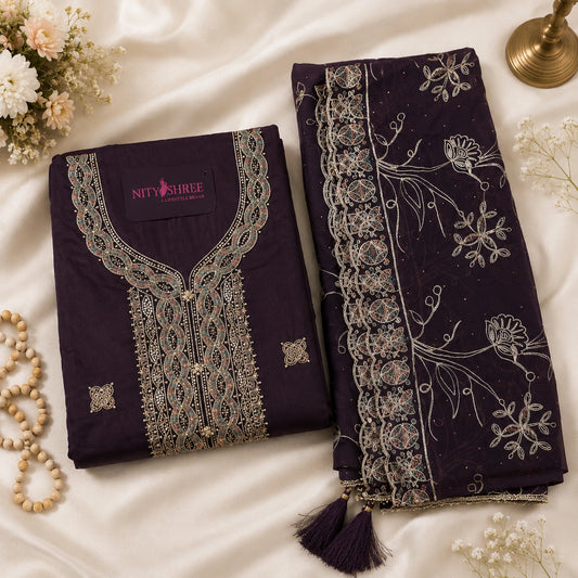 Purple Suit With Multi Colored Embroidered Neck