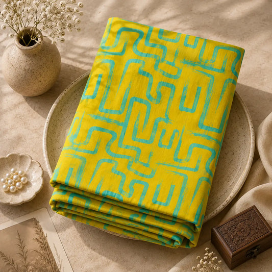Lime Yellow & Turquoise Abstract Print Unstitched Suit Fabric