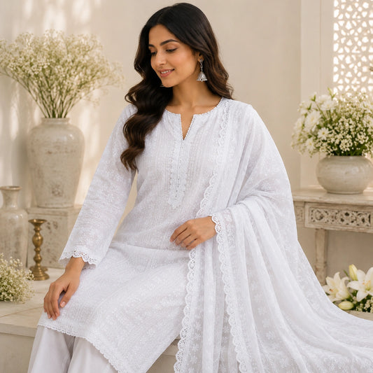 Noor White Chikankari Cotton Suit Set