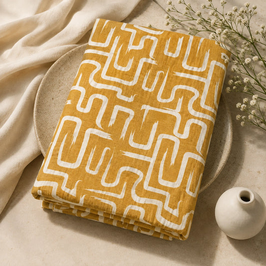 Mustard Yellow Abstract Print Unstitched Suit Fabric