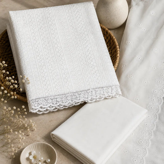 White Chikankari Suit Set with Embroidered Dupatta