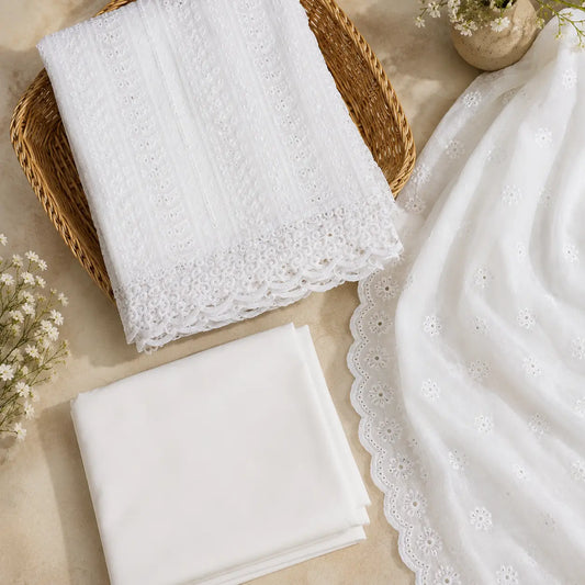 White Chikankari Embroidered Suit Set with Scalloped Dupatta