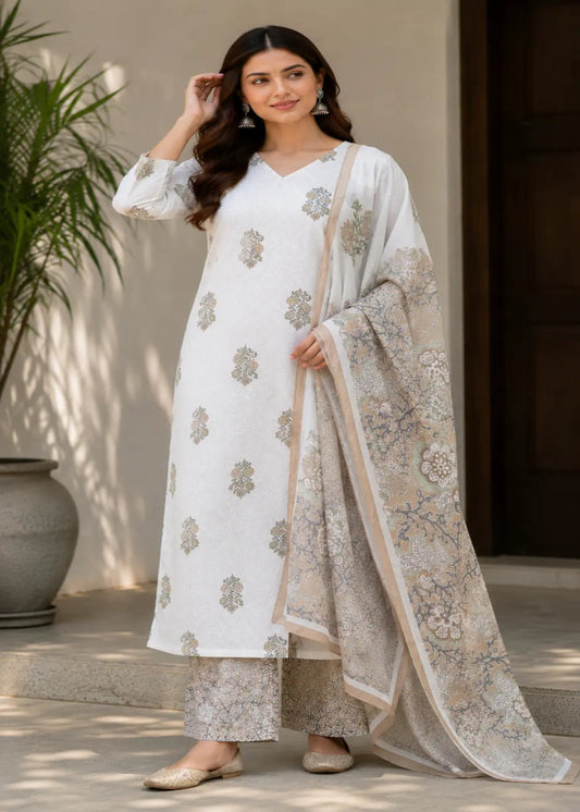 Women's Off White & Beige Printed Unstitched Kurta Palazzo Suit Fabric with Dupatta