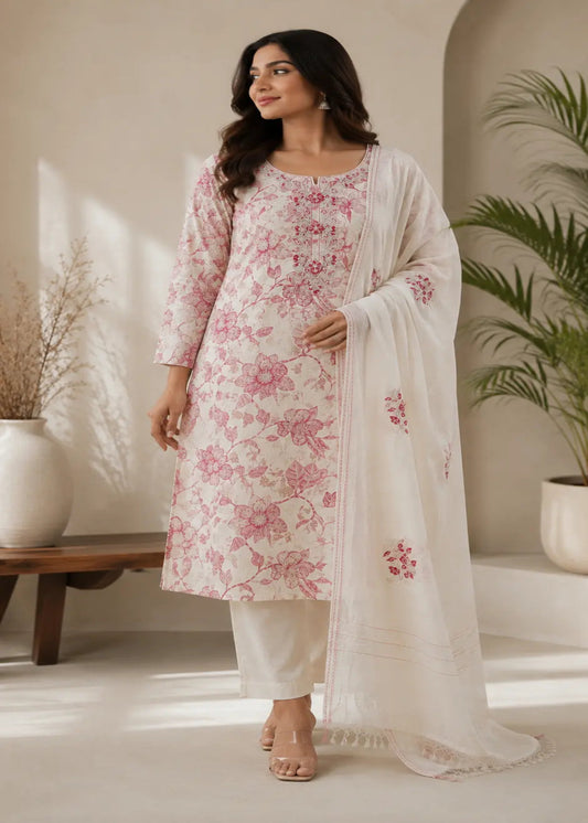 Women's White & Pink Floral Printed Unstitched Kurta Pant Suit Fabric with Cotton Dupatta