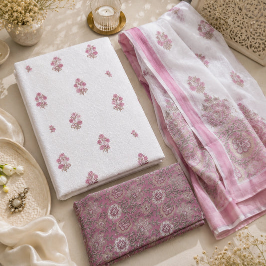 Blush Bloom Cotton Suit Set with Elegant Floral Dupatta
