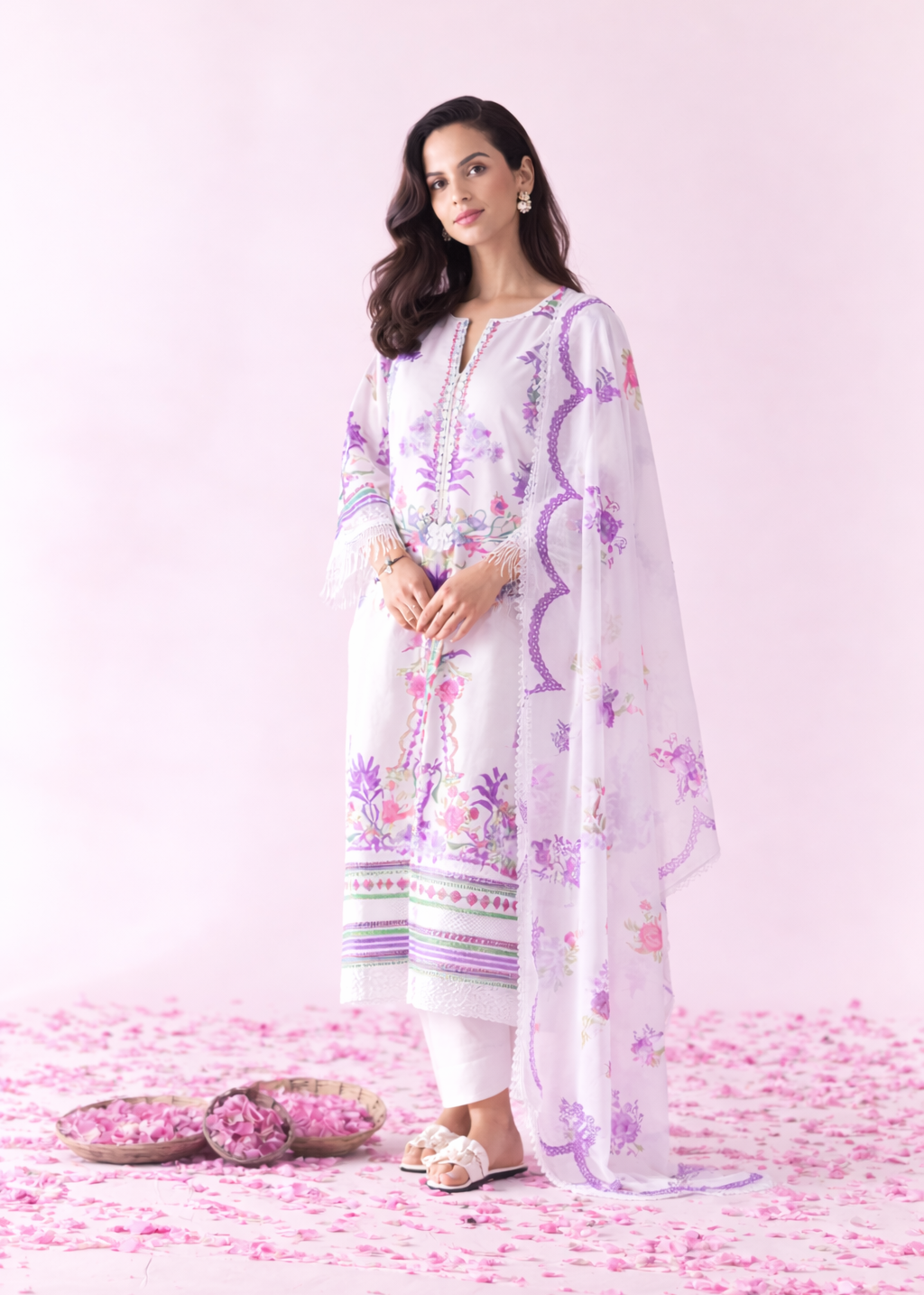 Woman in a white and purple traditional outfit with floral patterns on a pink floral background