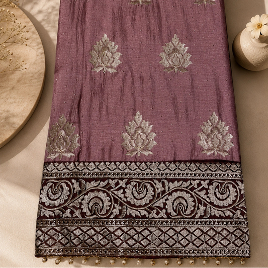 A rectangular mauve-purple fabric piece with repeated silver floral motifs and a wide ornate silver border at the bottom, styled on a beige surface with decorative props.