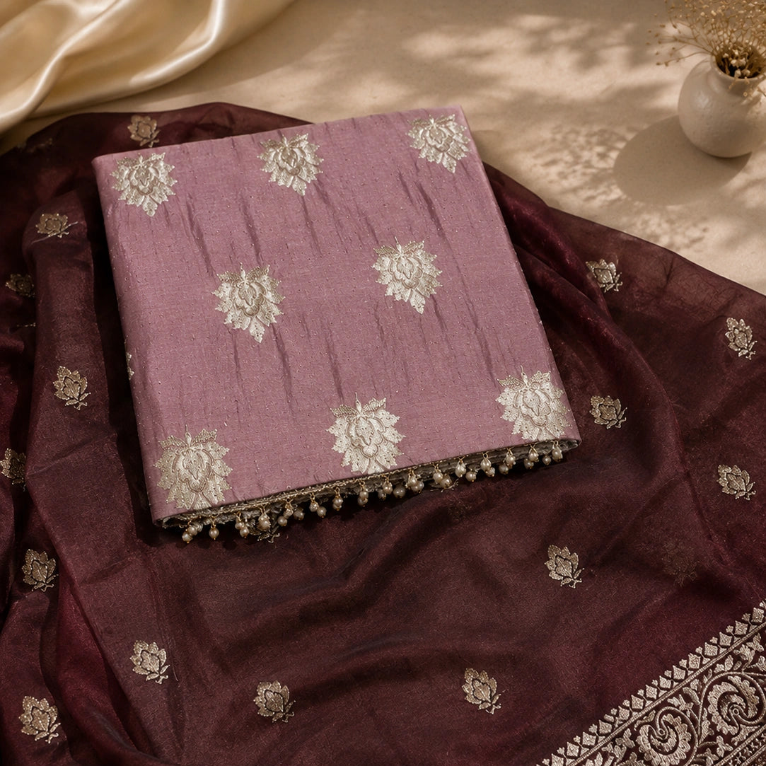 A folded lavender fabric piece with white floral embroidery rests on a draped dark maroon dupatta featuring metallic silver border patterns and small silver floral motifs, styled on a beige surface with soft shadows.