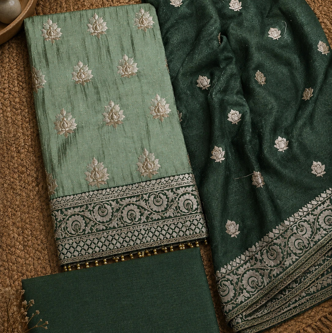 A folded and draped dark green salwar suit fabric set with a matching belt, featuring silver floral embroidery and a decorative border, displayed on a textured brown woven rug.