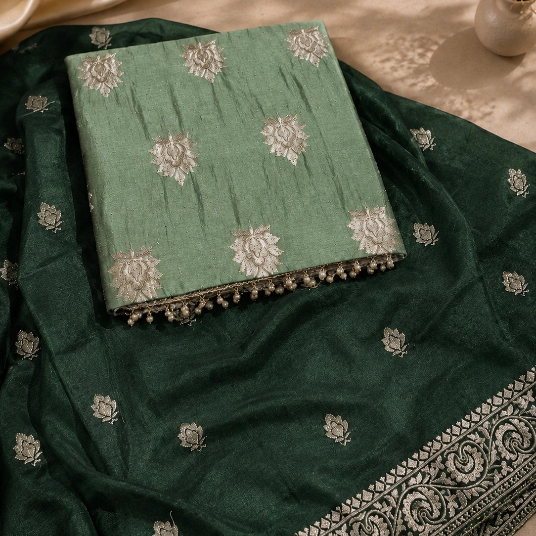 A folded and draped sage green fabric set with silver floral embroidery and a decorative border, displayed on a beige surface with soft lighting.