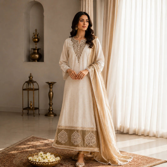 Champagne Glow Mirror Work Jamdaani Suit Set