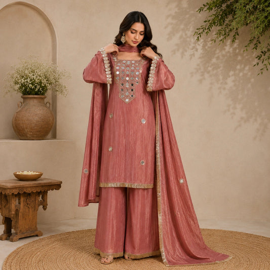 Rose Glow Mirror Work Suit Set
