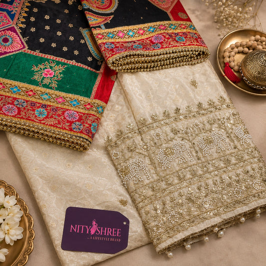 Ivory Suit with Gold Tone Embroidery and Contrast Multi-Colored Dupatta