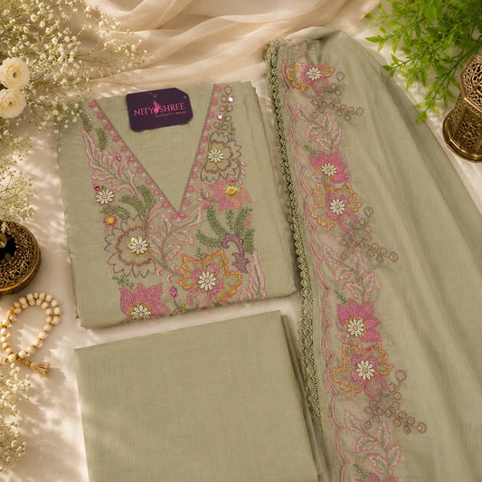 Olive Green Mul Chanderi Suit with Elegant Neck Work