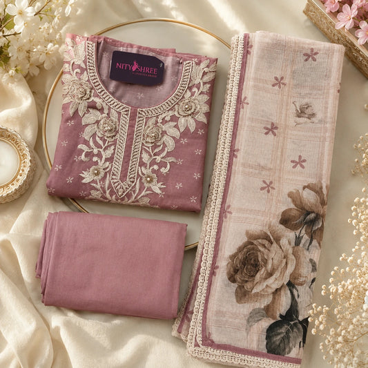 Dusty Rose Maheshwari Silk Suit with Intricate Thread Work